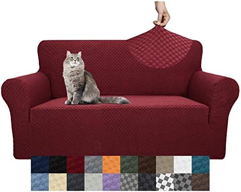 YEMYHOM Couch Cover Latest Jacquard Design High Stretch Sofa Covers for 2 Cushion Couch, Pet Dog Cat Proof Loveseat Slipcover Non Slip Magic Elastic Furniture Protector (Loveseat, Christmas Wine Red)