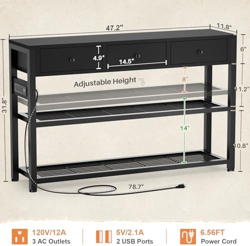 Ecopriso 47'' Entryway Table with Outlets and USB Ports, Console Table with 3 Drawers, Sofa Table Narrow Long with Storage Shelves for Living Room, Couch, Hallway, Foyer, Kitchen Counter, Black