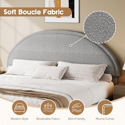 REVOMINCA King Size Bed Frame, Upholstered Platform Bed with Headboard, Boucle Bed Frame with Round Corner, No Box Spring Required, Easy Assembly, Grey