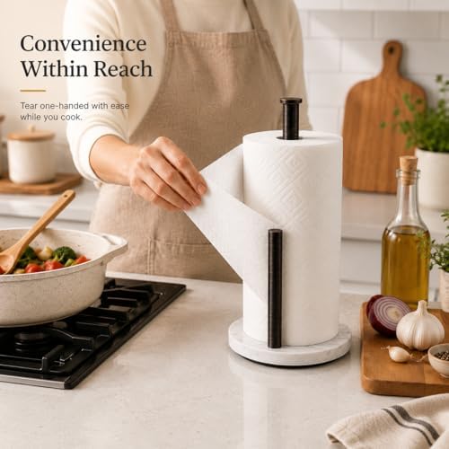 Oil Rubbed Bronze Paper Towel Holder for Kitchen Countertop, 304 Stainless Steel Roll Dispenser with White Engineered Marble Weighted Base, Freestanding Paper Towel Stand for Standard Rolls