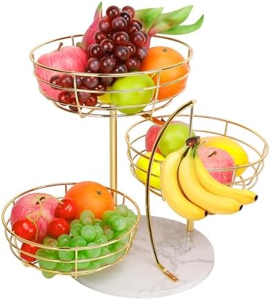 Livabber Fruit Basket Bowl with Banana Hanger, Metal Fruit Vegetable Storage Basket with Banana Holder for Kitchen Counter, Detachable Organizer for Bread Snack Produce (Gold, 3-Tier Marble Base)