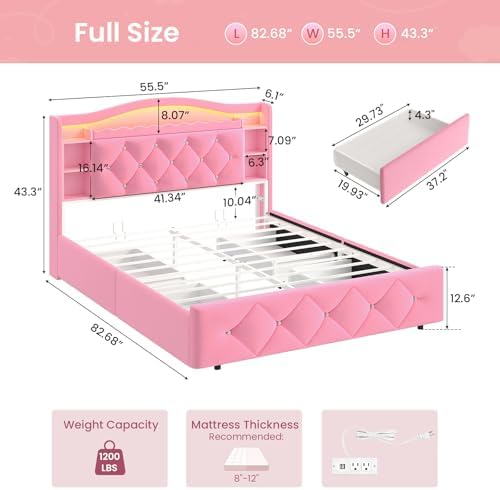 DICTAC Full Size Bed Frame for Girls with 4 Storage Drawers, Bookcase Headboard, LED Lights and Power Outlets, Diamond Tufted Velvet Upholstered Princess Platform Bed, Heavy-Duty Metal Support, Pink
