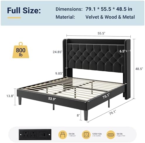 Allewie Full Size Bed Frame, Storage Headboard & Charging Station, Black
