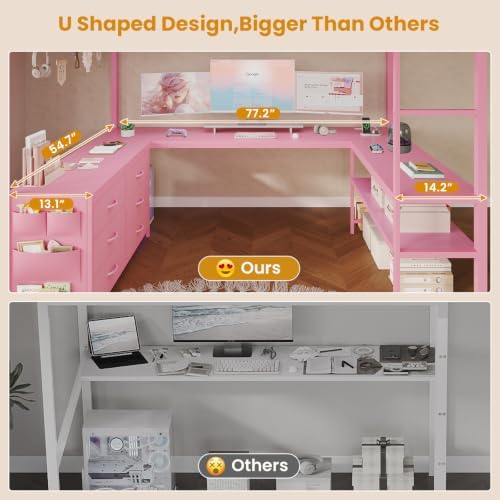 ADORNEVE Loft Bed Full Size with U-Shaped Desk, 6 Storage Drawers, Pink
