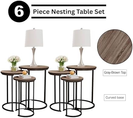 Lavish Home Round Nesting Tables Set of 6, Woodgrain-Look Top, Gray-Brown