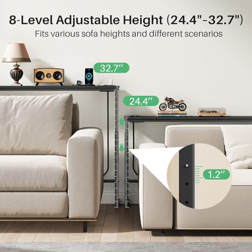 Kitstorack Narrow Sofa Table with Charging Station, 78.8" Behind Couch Table, Adjustable 24.4"-32.7" Height, Modular 2-piece Design for sectionals, entryways, Apartments, and Narrow Living Spaces