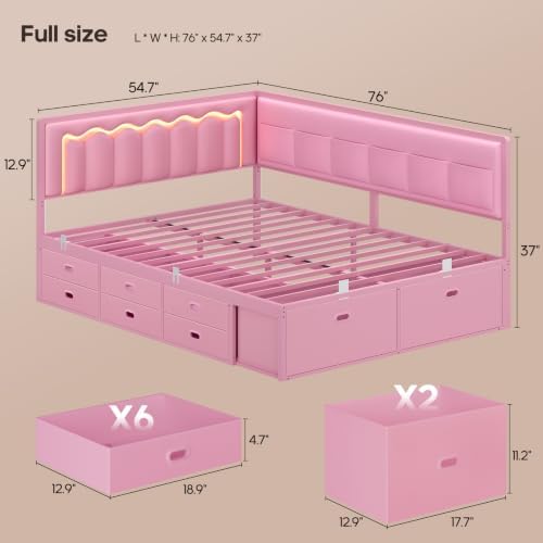 ADORNEVE Full Corner Bed Frame with 8 Storage Drawers and LED Lights, Pink