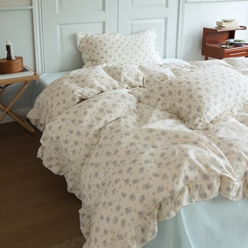 Shabby Chic Blue Floral Duvet Cover Twin with Ruffles, Freesia Print