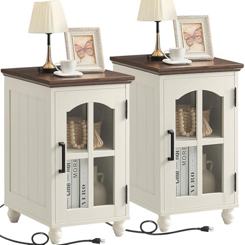 Narrow Side Table Set of 2, Farmhouse Nightstand with Charging Station