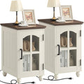 Narrow Side Table Set of 2, Farmhouse Nightstand with Charging Station