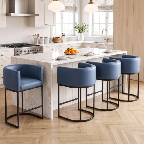 26" H Counter Height Bar Stools Set of 4, Modern Barrel Counter Stools with Backrest and Arms, Faux Leather Upholstered Accent Barstools for Kitchen Island,Support 450 LBS (Blue)