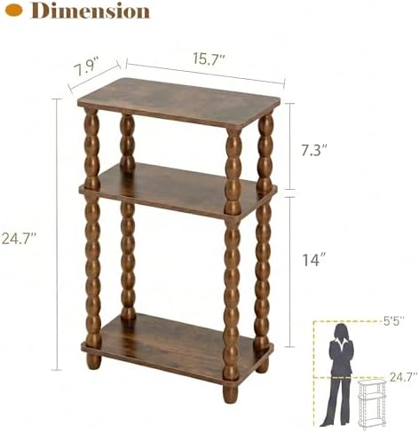 3-Tier Narrow Side Table, Skinny End Table with Wood Spindle Legs Brown