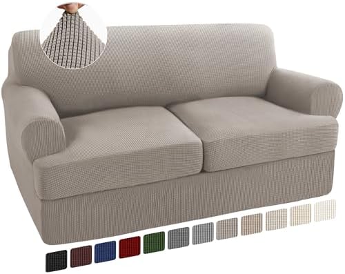 Turquoize 3 Piece T Cushion Loveseat Slipcovers Sofa Cover for 2 Cushion Couch Cover Washable Sofa Slipcover Furniture Covers with 2 Individual T Cushion Seat Covers (2 Cushion Loveseat, Taupe)