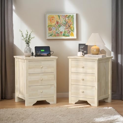 VINGLI Unfinished Rubber Wood Nightstands Set of 2 for Color DIY, 18.54" W Nightstand with Charging Station, 3 Drawer Nightstand, Real Wood Night Stands/Bed Side Table/End Table for Bedroom