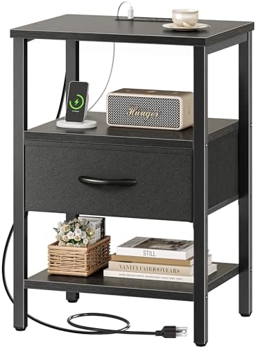 SUPERJARE Nightstand with Charging Station, Bed Side Table with Adjustable Fabric Drawer, Night Stand for Bedroom, 3-Tier Storage End Table, for Living Room, Black