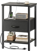 SUPERJARE Nightstand with Charging Station, Bed Side Table with Adjustable Fabric Drawer, Night Stand for Bedroom, 3-Tier Storage End Table, for Living Room, Black