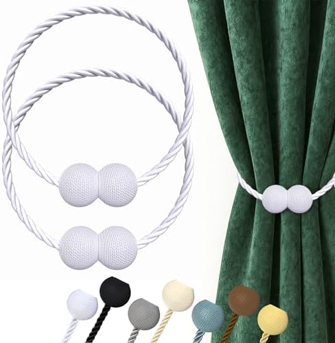 Hion Magnetic Curtain Tiebacks White 2pcs, Curtain Holdbacks Hooks Holders