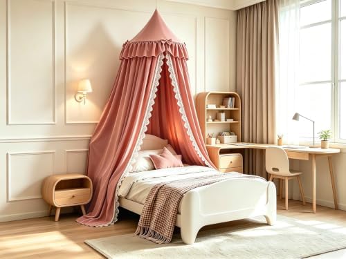 Kertnic Lace & Bow Decor Princess Canopy for Girls Bed, Soft Ruffled Playing Tent Canopy Room Decoration Castle, Reading Nook Canopies in Home (Red Bean)
