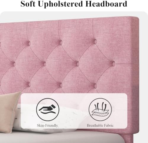 HOMBCK Twin Bed Frame for Kids, Upholstered Platform Bed Frame, Pink