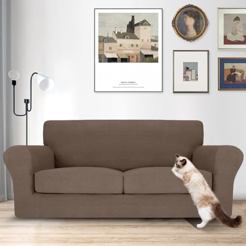 MAXIJIN 3 Piece Couch Covers for 2 Cushion Couch Sofa Cover, Stretch Loveseat Sofa Slipcovers for Sofas with 2 Large Cushions, Thick Dogs Pet Furniture Covers (71"-91", Brown)