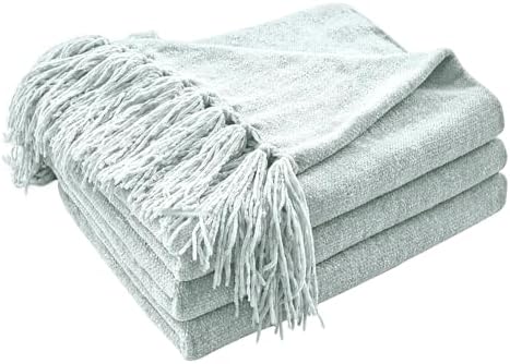 CozeCube Chenille Throw Blanket, Baby Blue Fringe Blanket, 60"X80"