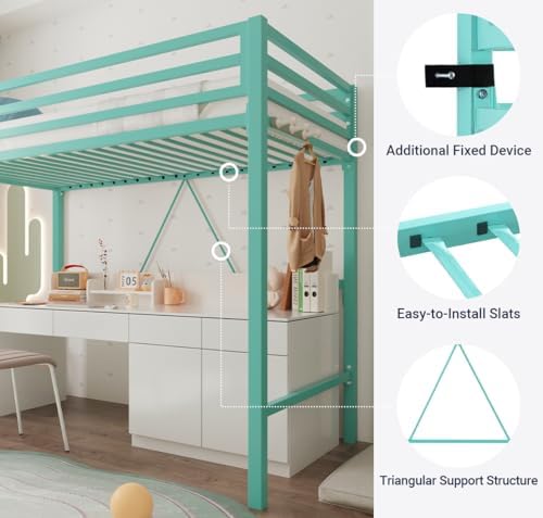 Allewie Metal Loft Bed Twin Size with Guardrail and Ladder,Green