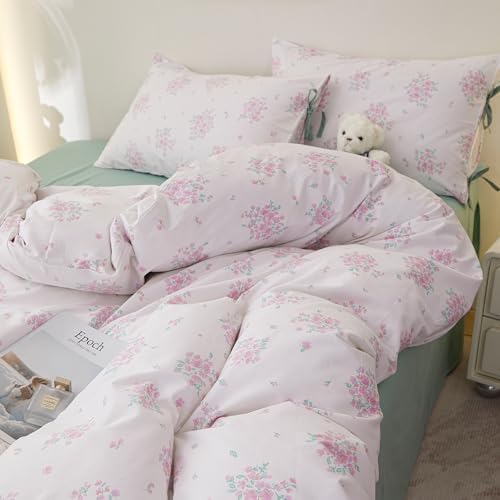 HighBuy Farmhouse Floral Duvet Cover Set Twin Pink Flowers Bedding Set with Zipper Closure,100% Cotton Cooling Comforter Cover with 2 Bowknot Bow Tie Pillowcases for Hot Sleepers