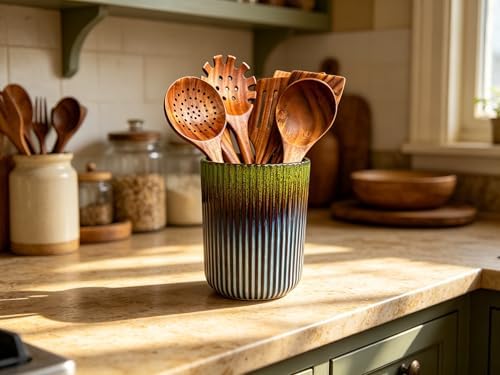 Large Stoneware Kitchen Utensil Holder for Kitchen Counter & Countertop Cooking Utensil Holder Spatula Holder Utensil Crock for Kitchen Counter Vertical Ribbed Fluted Stripe (Gradient Grass Green)