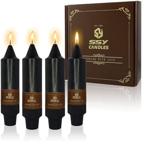 NJAO HOO Black Short Taper Candle 5 Inch Halloween Decoration Candlesticks Unscented Dripless Tapered Candle Set for Home Decor Dinner Candles Party, 4 Pack