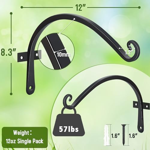 FEED GARDEN Heavy Duty Plant Hooks - 2 Pack 12 Inch Wall Mounted Hanging Brackets, 57lb Capacity Steel Plant Hangers for Bird Feeders, Baskets, Wind Chimes Outdoor Indoor- Black