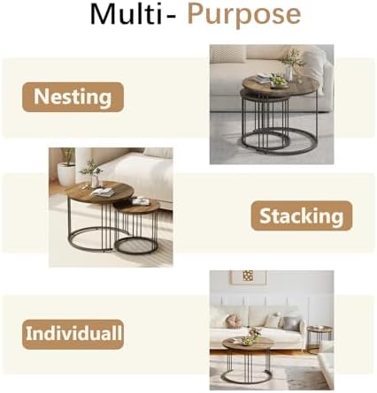 Garden 4 you Nesting Coffee Table, 23.6" Round Coffee Table Set of 2, Wooden Nesting Table with Metal Frame, Ceter Tables for Living Room Bedroom Balcony, Brown