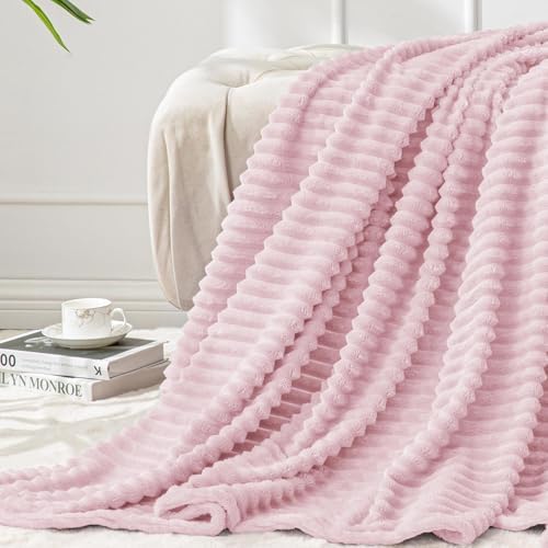 BEDELITE Ribbed Cherry Blossom Fleece Throw Blanket for Couch, 50x60 Inch