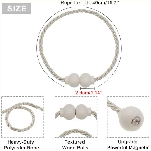 4 Pcs Magnetic Curtain Tiebacks Modern Handmade Rope Curtain Tie Back Beige