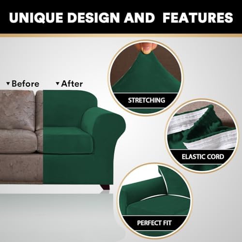 PrinceDeco 3 Pieces Sofa Covers Velvet Couch Covers for 2 Cushion Sofa Soft Sofa Covers for 2 Cushion Couch Width Up to 90 Inch Feature Thick Soft Stay in Plac(Medium-Large, Green)