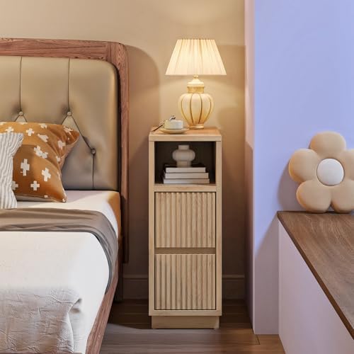 CHOEZON 8.7" Narrow Fluted Nightstand, Small Bedside Table with Drawers, Skinny Side Table, Modern Nightstand with 1 Semi-Open Shelf, Floating End Table, for Living Room, Bedroom, Natural MBZ12NL