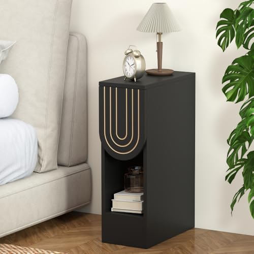 weselon Narrow Nightstand, Slim Bedside Table with Carving Lines Drawer, Mid-Century Modern Small Side End Table for Bedroom Small Space, Wooden Night Stand (1, Black)