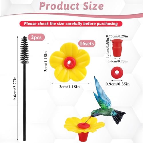 16 Pieces Hummingbird Feeders Replacement Flowers Yellow Pet Replacement Bird Feeder Replacement Parts with 2 PCS Brush Feeding Ports Bee Guards for Hummingbird Feeders for Outdoors Hanging Feeder