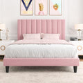 Allewie Full Platform Bed Frame/Velvet Upholstered Bed Frame with Vertical Channel Tufted Headboard/Strong Wooden Slats/Mattress Foundation/Box Spring Optional/Easy Assembly/Pink