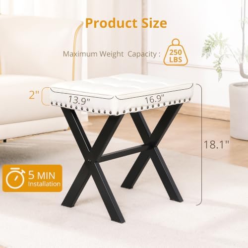 LUE BONA White Vanity Stool - Square Faux Leather Makeup Seat With Metal X Legs, Small Ottoman Chair for Makeup Room, Living Room, Bathroom - Padded Foot Rest
