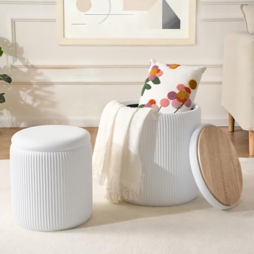 Round Ottoman with Storage Set of 2 White Vanity Stool with Tray