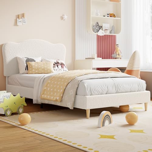 Garvee Upholstered Twin XL Size Bed Frame for Kids with Scallop Headboard, Cute Velvet Twin XL Bed for Girls, Boys, Sturdy Platform Bed, No Box Spring Needed, Wooden Slats, Noise Free, Beige