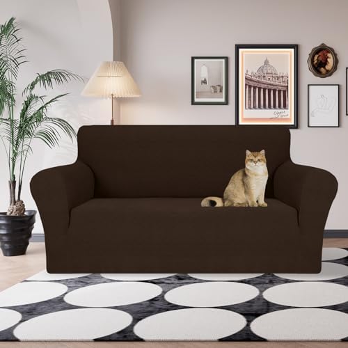 JIVINER Stretch Loveseat Slipcovers 1 Piece Love Seat Sofa Cover Spandex 2 Seater Couch Covers Universal Furniture Protector with Elastic Bottom (Medium, Coffee Rhomb)