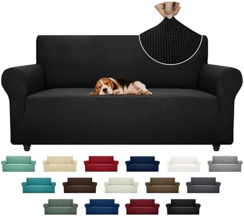 ZNSAYOTX Super Stretch Couch Cover (72"-92") Universal Sofa Covers with Elastic Bottom, Dog Cat Pets Friendly Washable Furniture Protector Fitted Sofa Slipcovers Stay in Place (Black, Sofa)