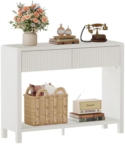 FATORRI Console Entryway Table with Storage, Wooden Narrow Sofa Table with Drawers and Open Shelf, 39.37 inch Modern Hallway Tables Behind Couch for Living Room, Dining, Foyer, Bedroom (Antique White)