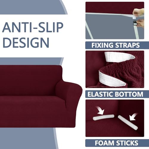 JIVINER Stretch Sofa Covers 1 Piece Couch Covers for 3 Cushion Couch Sofa, 3 Seater Sofa Slipcovers Furniture Protector with Elastic Bottom for Kids, Pets (Large, Wine Red Rhomb)