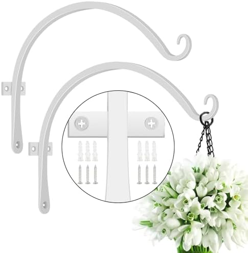FEED GARDEN Heavy Duty Plant Hooks - 2 Pack 12 Inch Wall Mounted Hanging Brackets, 57lb Capacity Steel Plant Hangers for Bird Feeders, Baskets, Wind Chimes Outdoor Indoor- White
