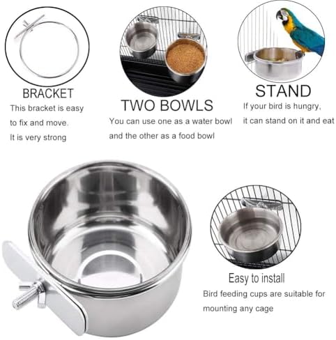 PINVNBY 2PCS Stainless Steel Bird Bowls for Cage Parrot Feeding Cups