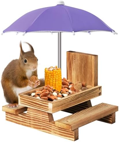 Gnodary Squirrel Feeder with Umbrella, Squirrel Feeders for Outside, Squirrel Picnic Table Feeder - Chipmunk Feeder Hold Corn, Corn Cob, Peanuts Style2 (Purple)