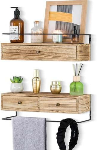 Floating Shelves With Drawers Set of 2, Wall Mounted Storage for Bathroom