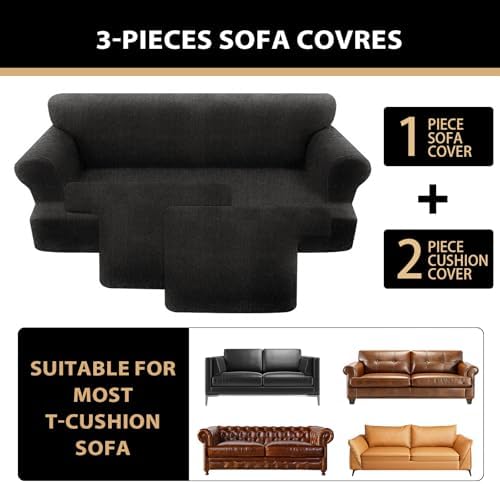 3 Pieces Sofa Covers fot T Cushion Loveseat Slipcover, Sofa Stretch Slip Covers for 2 Cushion Couch with 2 Individual T Shape Seat Covers (Black, 2 Cushion)